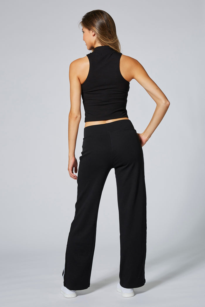 Woman wearing Black Straight Leg Stripe Trousers