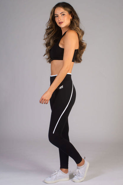 Classic black cotton blend leggings with white stripe detail