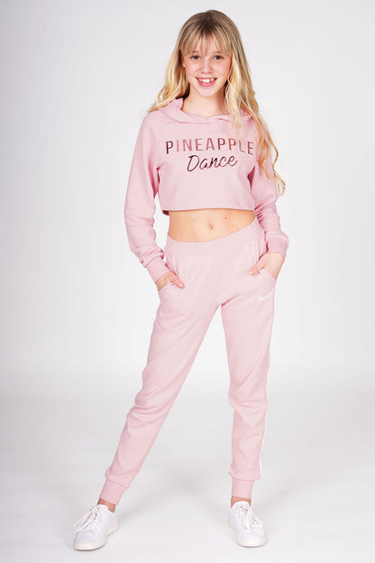 Girl wearing Pink Stripe Pocket Joggers and pink embossed crop hoodie