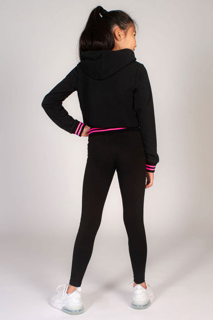 Basic black leggings for kids with neon pink stripe rib band and dance print on hip.