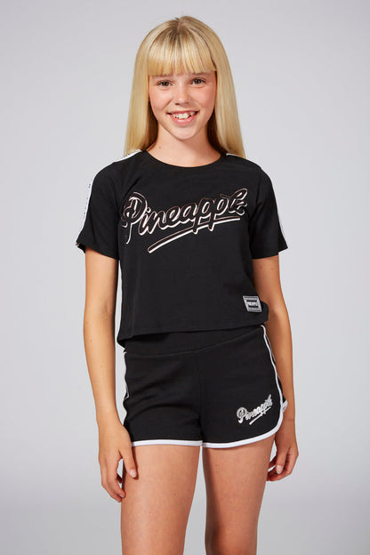 Girl wearing Pineapple Logo Black Shorts with Contrast Stripes, Piping
