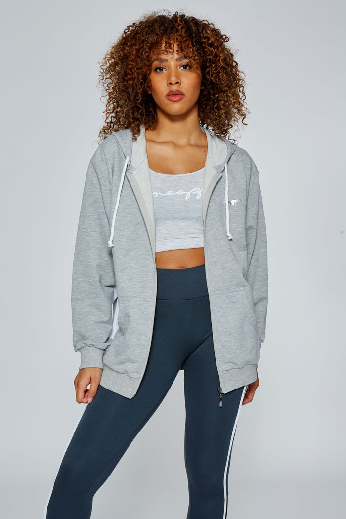 Woman wearing Pineapple Grey Marl Stripe Zip Hoodie