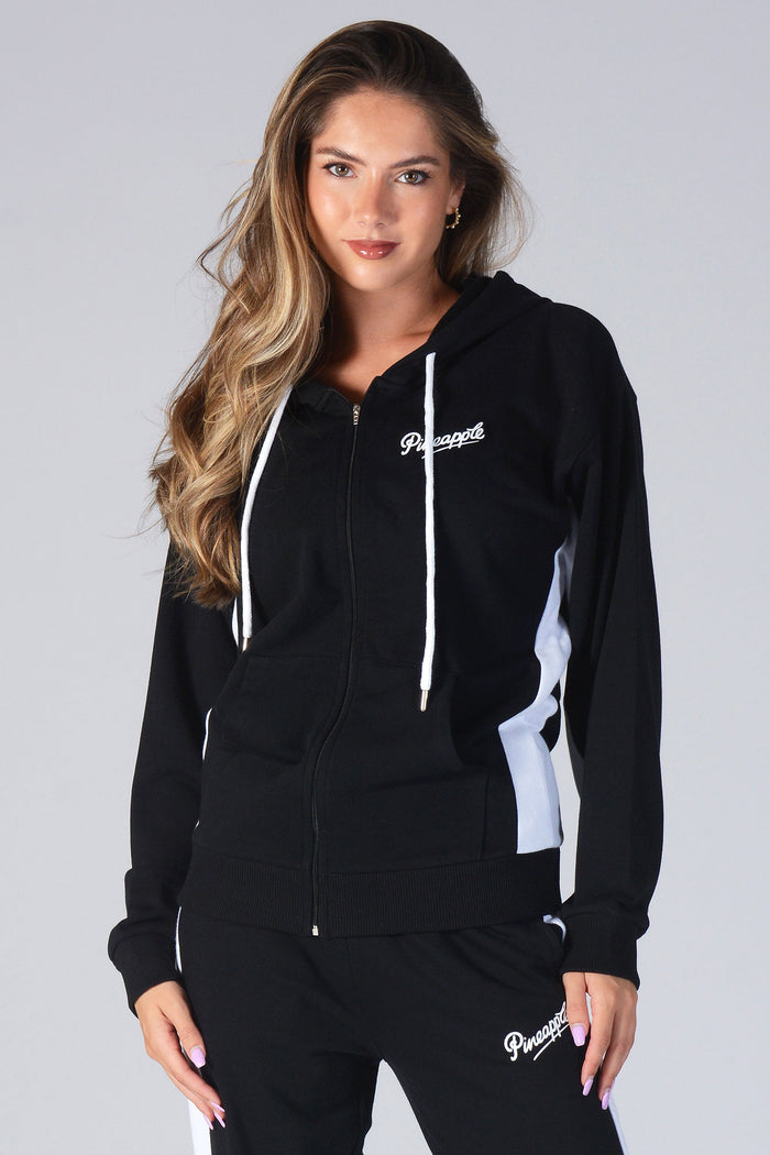 Woman wearing Pineapple black Stripe Zip Hoodie