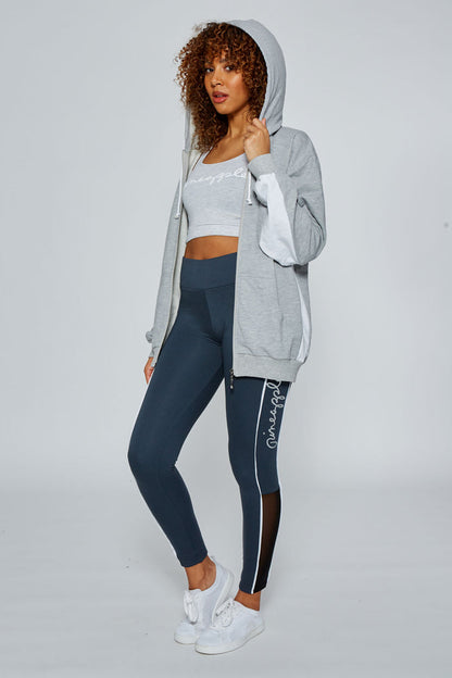 Woman wearing Grey Marl Stripe Zip Hoodie with white side and sleeve panels