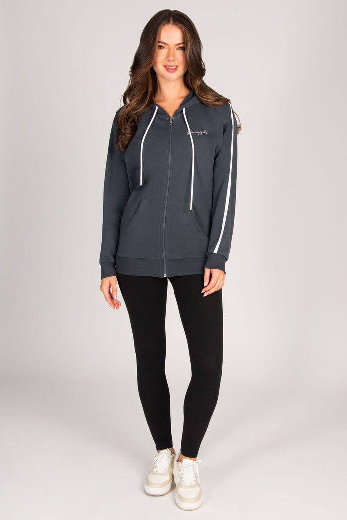 Women's dark grey hoodie with full zip, white side paneling and drawcords