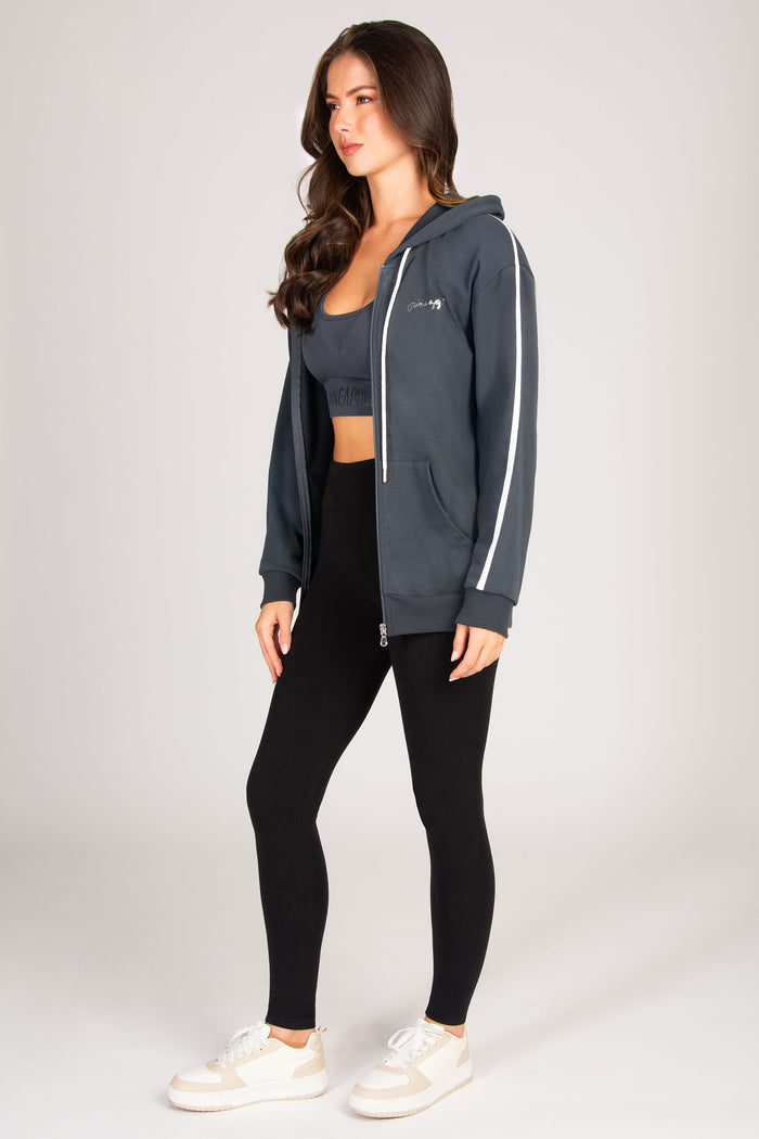Dark charcoal zip hoodie with spacious hood and functional side pockets