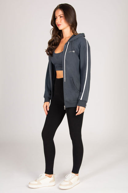Dark charcoal zip hoodie with spacious hood and functional side pockets