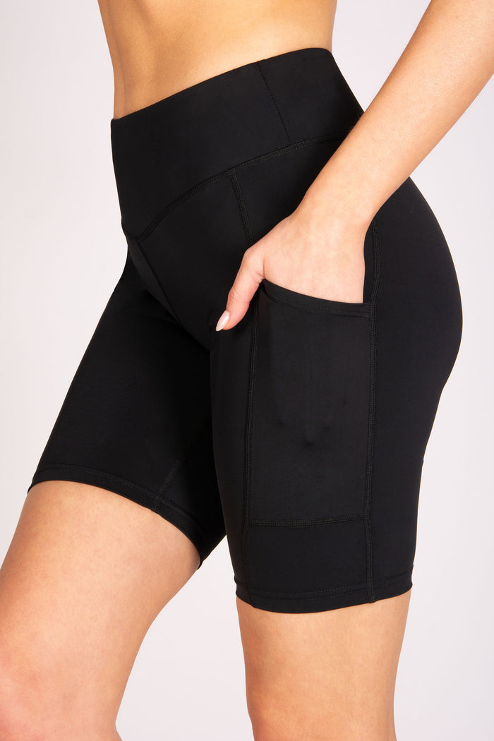 Women's super soft stretchy cycling shorts with side pockets for accessories and wide elasticated waistband