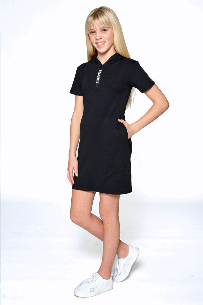 Girl wearing Black T-Shirt Hoodie Dress