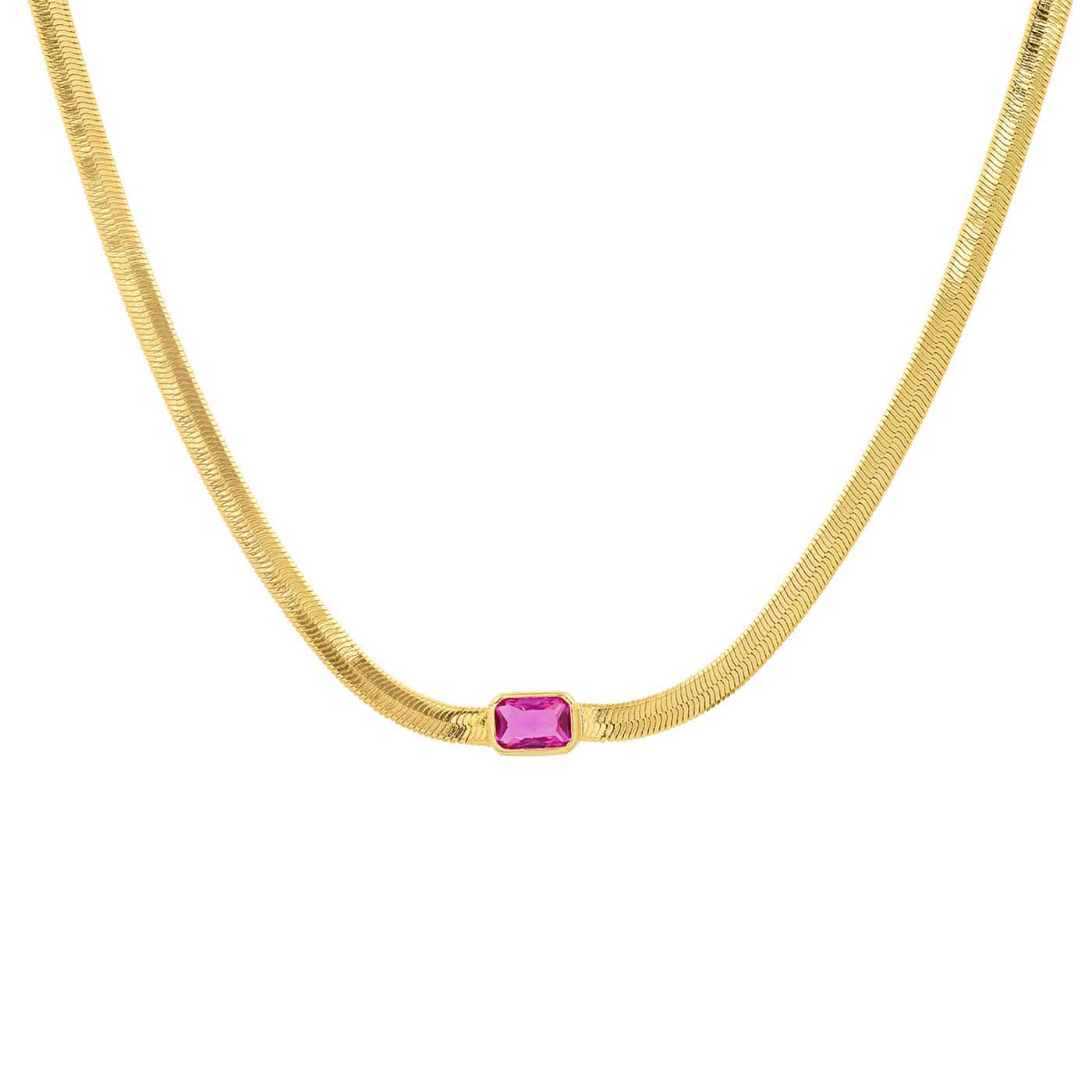 Gold Herringbone Necklace with Jewel Center