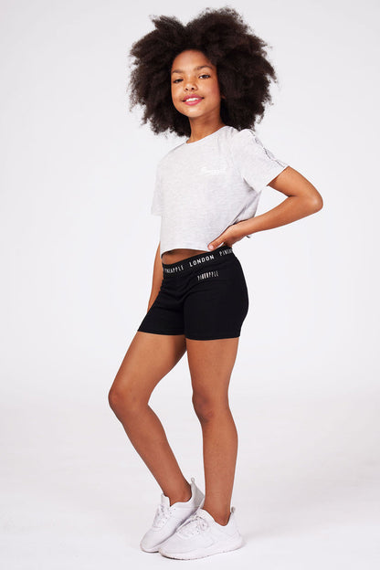 Girl wearing Black Jacquard Hot Pants with grey t-shirt