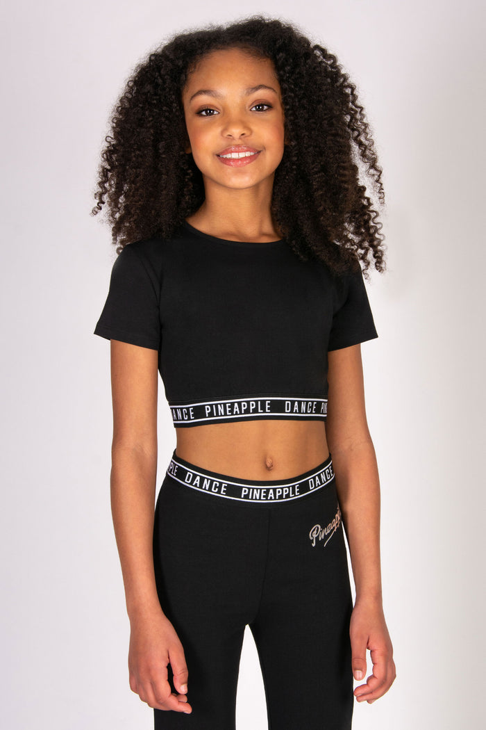 Black crop t-shirt for girls with matching bottoms, perfect for dance classes