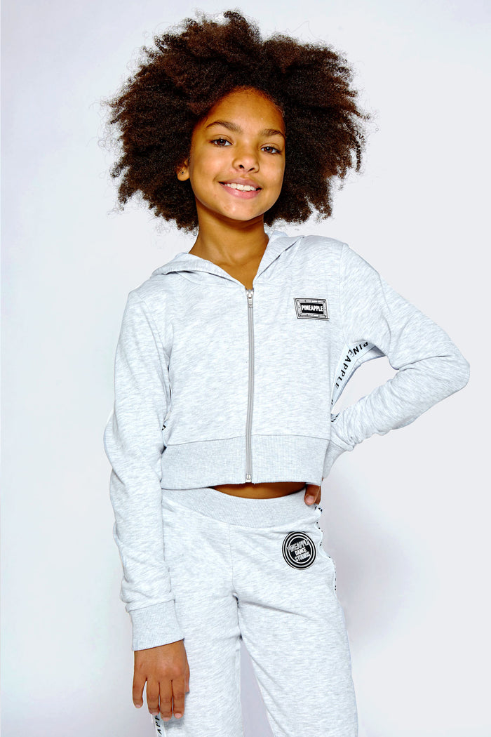 Girl wearing Pineapple Grey Marl Tape Zip Hoodie