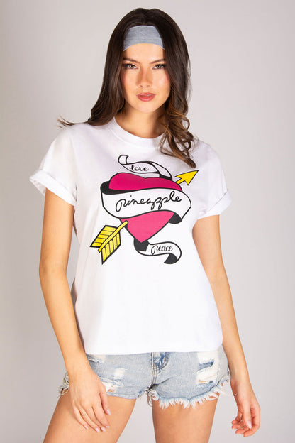 Women's regular white t-shirt with heart tattoo graphics printed at the front
