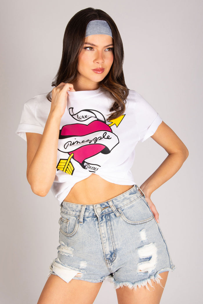 Women's white t-shirt with heart tattoo graphics printed at the front