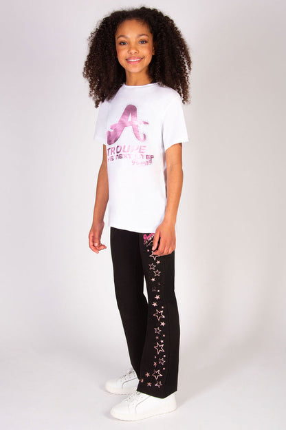Kids' white T-Shirt with A-Troupe logo print inspired by The Next Step TV Series.