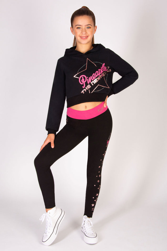 Black kids' crop hoodie with The Next step logo printed in rose-gol foil and diamantés.