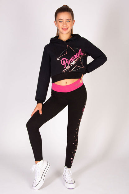Black kids' crop hoodie with The Next step logo printed in rose-gol foil and diamantés.