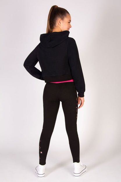 Girls' black hoodie with spacious hood and in a cropped fit.