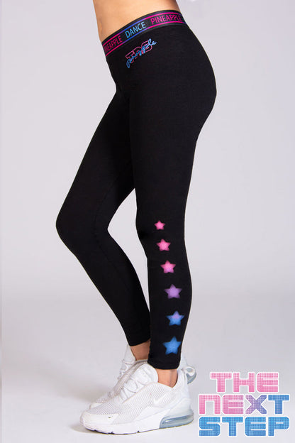 Black dance leggings for girls with ombre elasticated waistband and star print along the legs inspired by The Next Step.