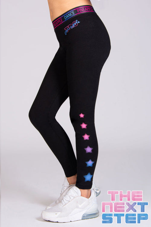 Black dance leggings for girls with ombre elasticated waistband and star print along the legs inspired by The Next Step.