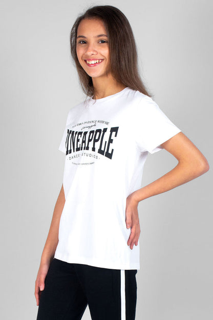 Girl wearing white Unisex Dance T-Shirt with black logos