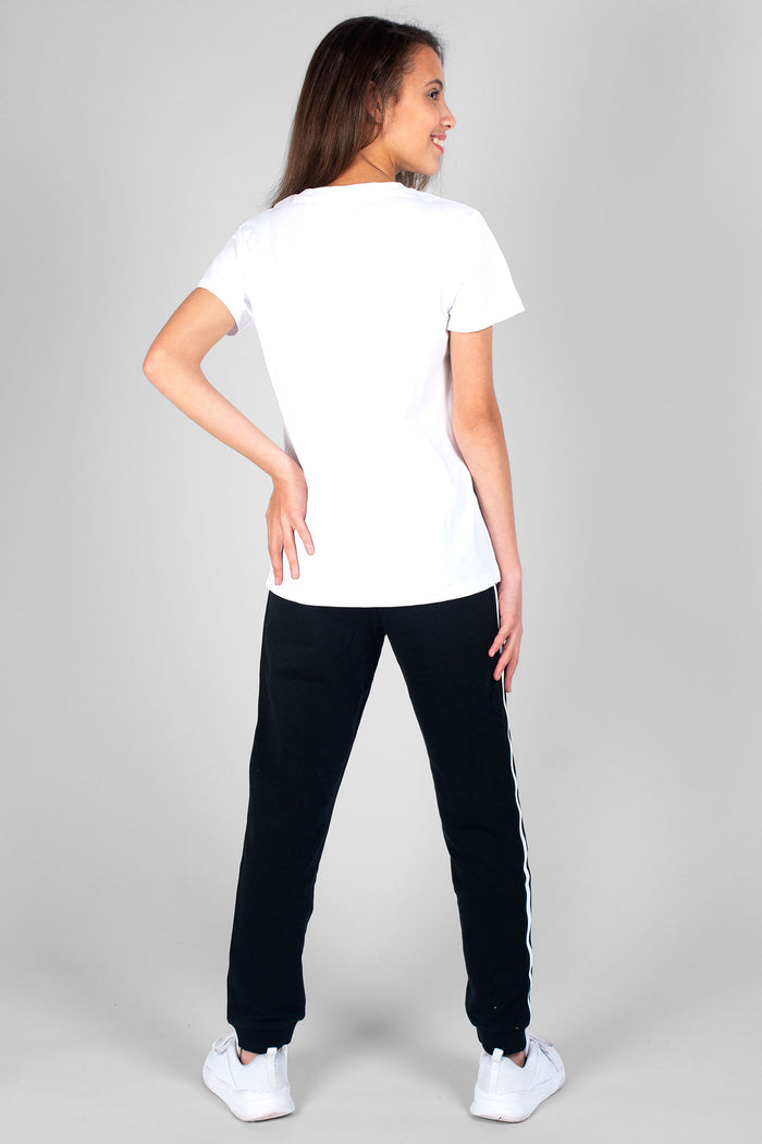 Girl wearing white Unisex Dance T-Shirt and black Unixex Joggers