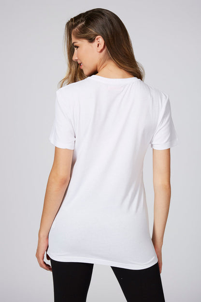 Woman wearing Unisex White T-Shirt with black logo