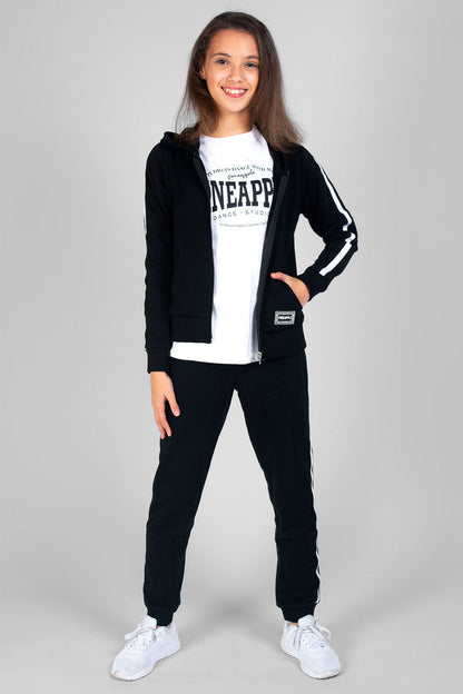 Girl wearing black Unisex Kids' Zip Jacket, white Unisex Dance T-shirt, and black Joggers