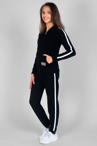 Girl wearing black Unisex Kids' Zip Jacket and matching Stripe Joggers with white stripes