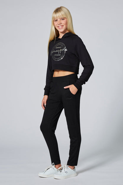 Girl wearing Black Viscose Trousers and cropped black hoodie