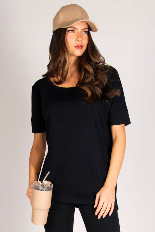 Women's black viscose short sleeve top that can be styled off-shoulder