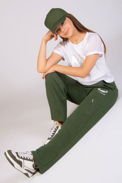 Girls' khaki wide leg joggers with 4 pockets and elasticated waistband.