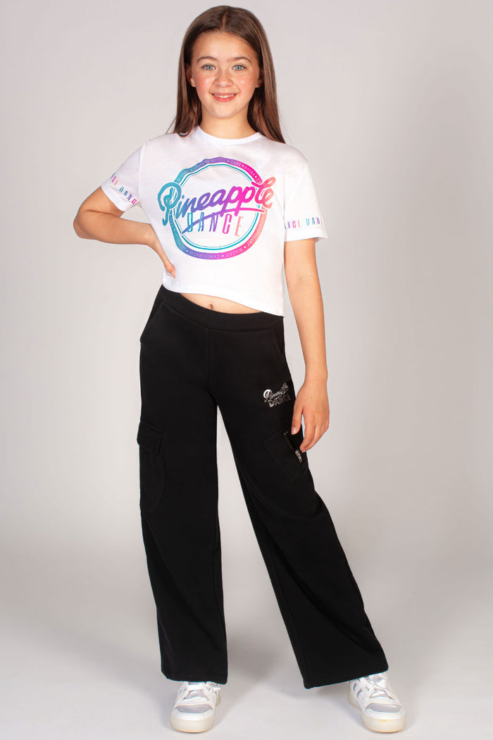 Black straight leg cargo joggers for girls with large  side pockets.