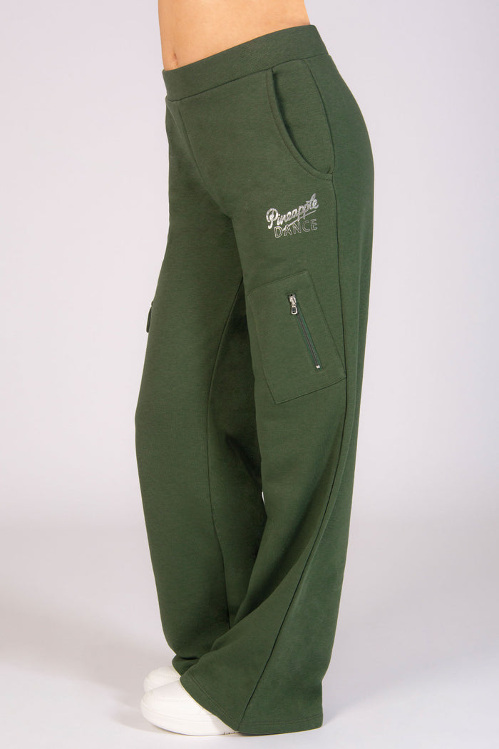 Girls' khaki wide leg joggers with 4 pockets and elasticated waistband.