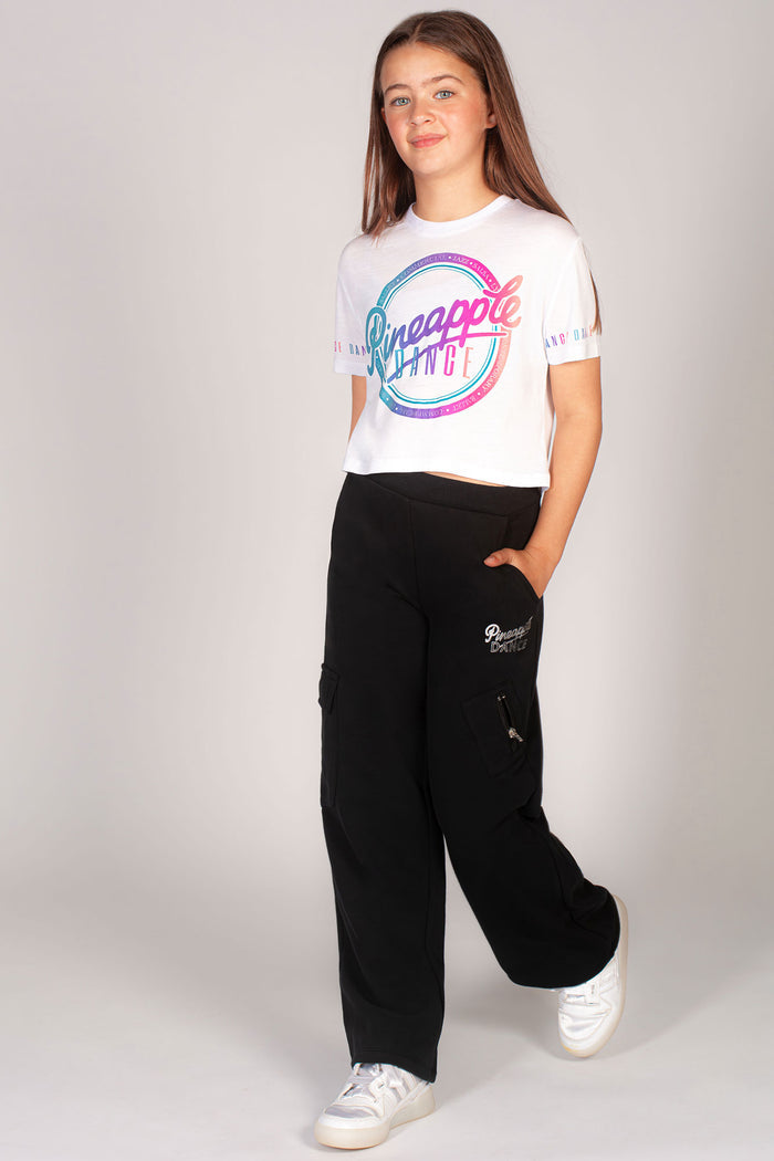 Kids' wide leg cargo joggers in black paired with Pineapple ombre t-shirt.