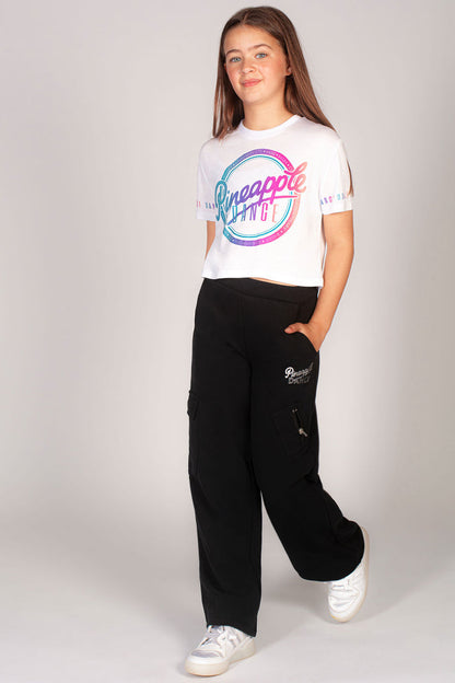 Kids' wide leg cargo joggers in black paired with Pineapple ombre t-shirt.
