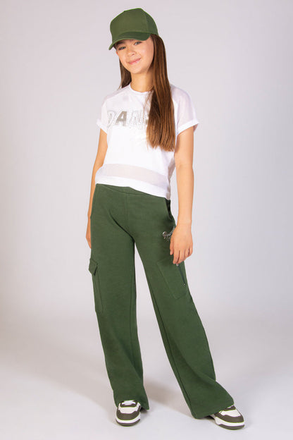 Girl's dark green straight leg joggers with pockets and elasticated waistband.